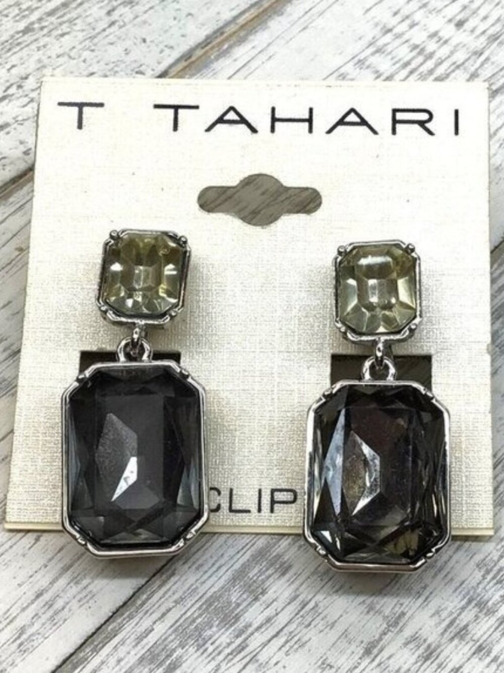 T Tahari Earrings Clip On Silver Tone Smokey Gray New